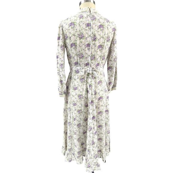 70s VTG  Gunne Style Prairie Romantic Cottage Core White Dress Purple Floral M - Picture 7 of 8